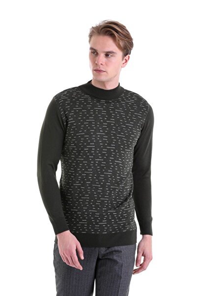 Hatemoğlu Haki Comfort Fit Жаккардовий напіврибальський комір Вовняний трикотажний светр