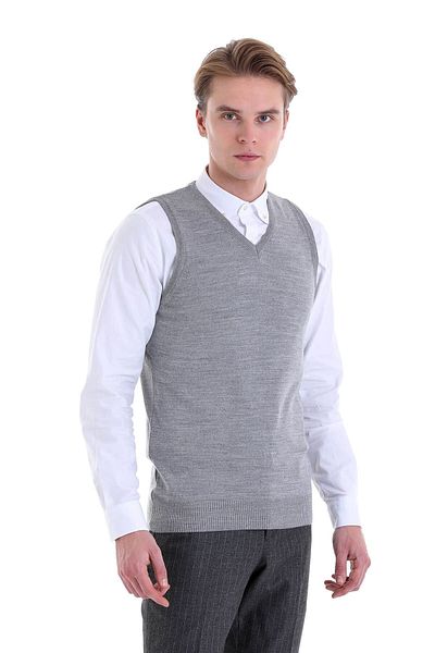 Hatemoğlu Gray Comfort Fit Plain V-Neck Wool Knitwear Sweater