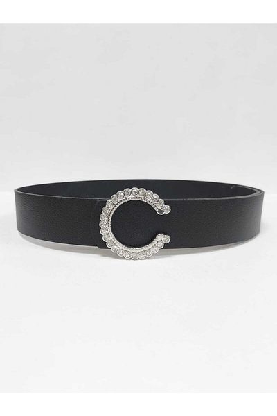 Kemerix 100% Genuine Leather Women's Black Belt with Stone and Silver Buckle