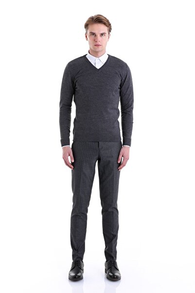 Hatemoğlu Gri Comfort Fit Düz V Yaka Yünlü Yün Kazak