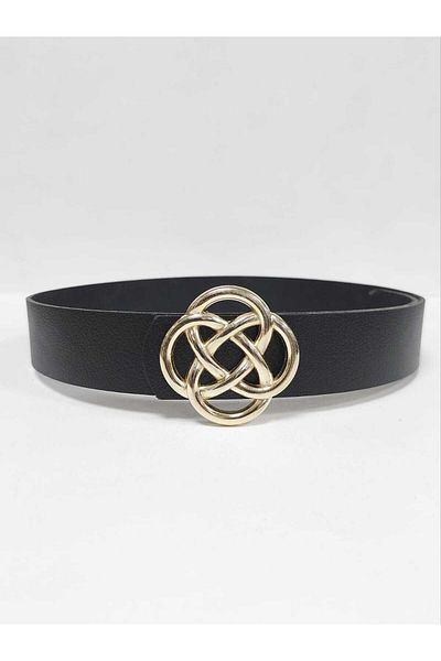 Kemerix 100% Genuine Leather Women's Black Belt with Gold Buckle