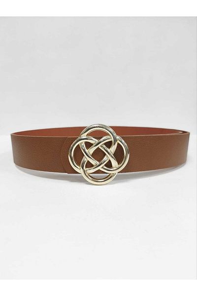 Kemerix 100% Genuine Leather Women's Tan Belt with Gold Buckle