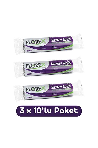 Florex Standard Large Size Garbage Bag 65x80 Cm 10 Pieces Roll Black 3 Rolls (30 Pieces)