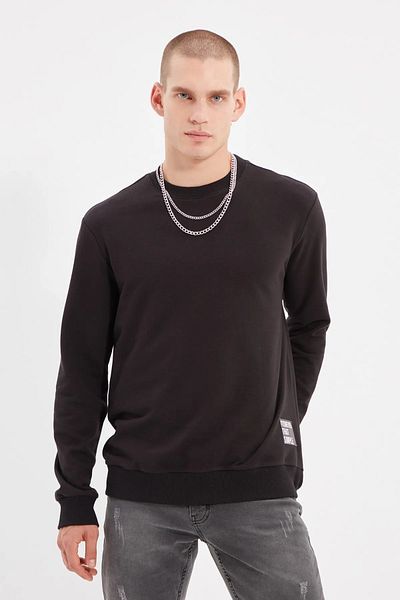 Trendyol Collection Black Regular/Normal Cut Slogan Label Sweatshirt Tmnaw21Sw2006