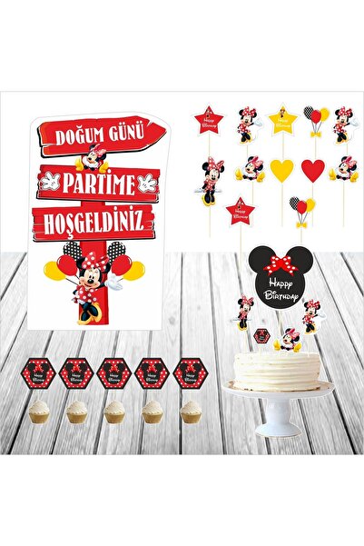 SİYAH PARTİ EVİ Minnie Mouse Doğum Günü Masa Maketi / Pasta Süsü Seti