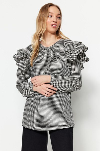 Trendyol Modest Černé rukávy Tkaná tkaná tunika Gingham TCTSS23UK00014