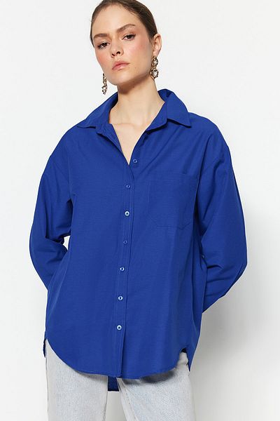 Trendyol Collection Sötétkék egyzsebű barát/széles szabású pamut szőtt ing TWOAW20GO0115