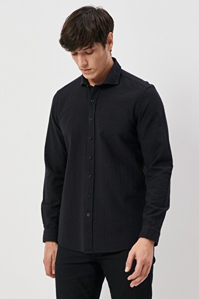 ALTINYILDIZ CLASSICS Erkek Siyah Slim Fit Dar Kesim Italyan Yaka %100 Pamuk Gofre Gömlek
