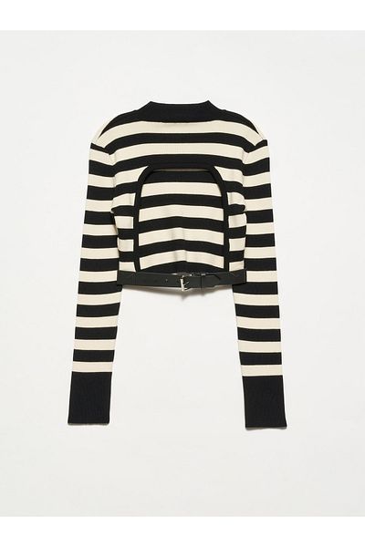 Dilvin 10331 Pulover cu decolteu decoltat pe jumătate cu spate cu curea-negru-crem