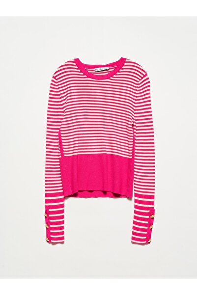 Dilvin 10308 Bisiklet Yaka Kol Ortası Düğmeli Kazak-fuşya-krem