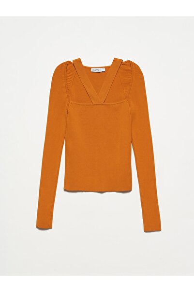 Dilvin 10324 Pulover cu bandă în cruce cu guler pătrat în față-y.orange