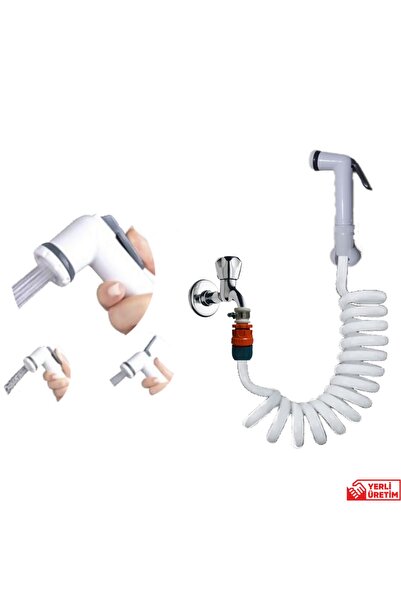 PLASYAY Spiral Mandallı Şattaf Başlıklı Sulama Yıkama Ayarlı Set Beyaz 2 Metr...