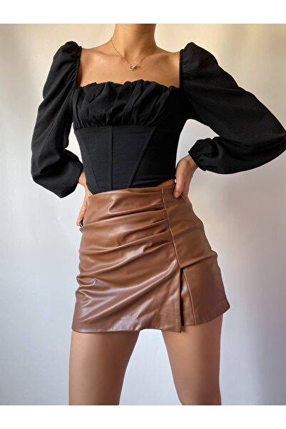 ALFUDO Moda Collection Γυναικείο καφέ δερμάτινο σορτς με φλις εσωτερικά Καφέ ...