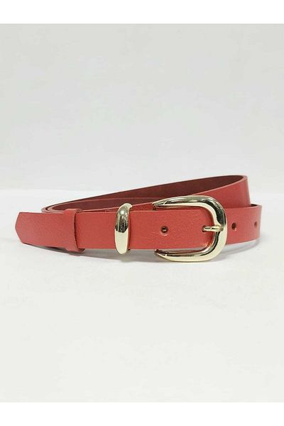 Kemerix 100% Genuine Leather Women's Red Belt with Gold Buckle