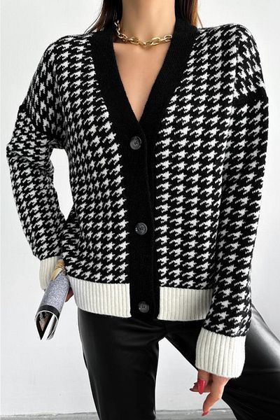 FEMELLE Cardigan tricotat cu model Houndstooth pentru femei mărime standard