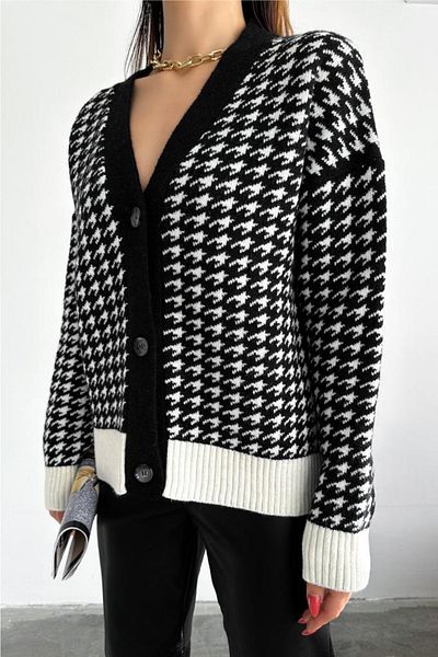 FEMELLE Cardigan tricotat cu model Houndstooth pentru femei mărime standard