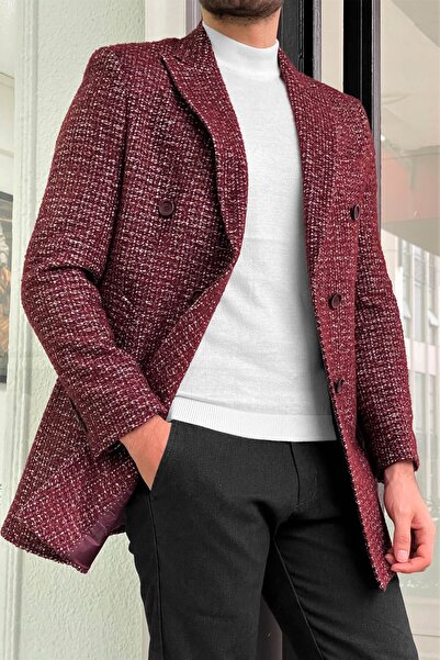 NAZEF Slim-Fit Patterned Double Breasted Wool Burgundy Coat