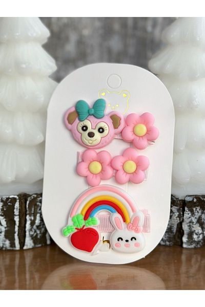 QUEEN AKSESUAR Trend Fashion Kids Baby Metal Collet Clip Buckle Set Rainbow Teddy Bear Floral Pink