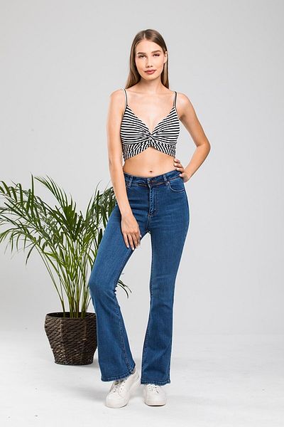 DRC trend Blugi de damă Grassi, albastru închis, cu picioare evazate, pantaloni din denim din lycra cu talie înaltă