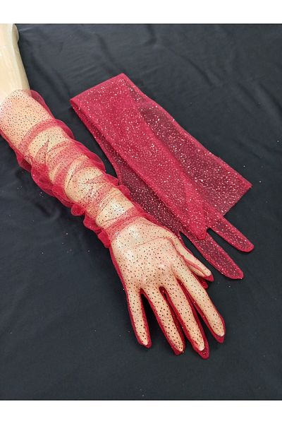 es moda shop Diamond Sparkling Evening Dress Gloves Long Red