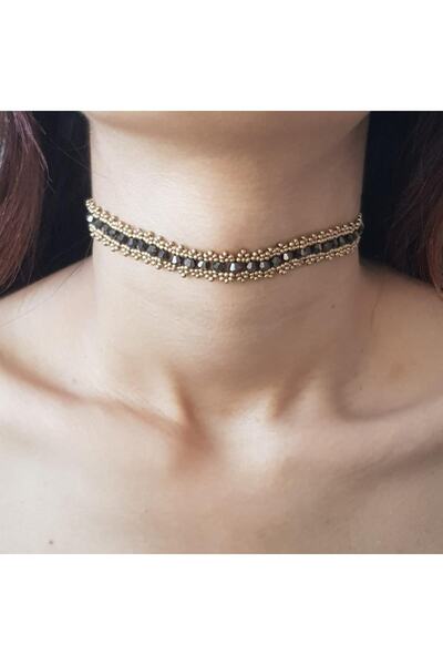 Handmade By HLY Brown Gold Colored Pyramid Choker with Crystal Stones