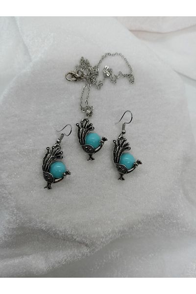 BalıkHediyelik Margazite Stone Necklace Earring Set-mdl-5005 Peacock Model