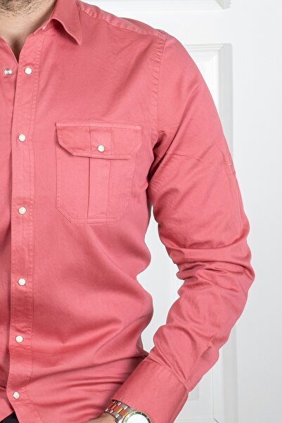 Sarar Çift Cepli Koldan Bağlamalı Slim Fit Kiremit Rengi Gömlek