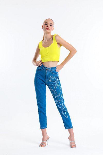 SHEVEGA Blugi cu model Mom Jean cu talie înaltă brodați cu față albastră