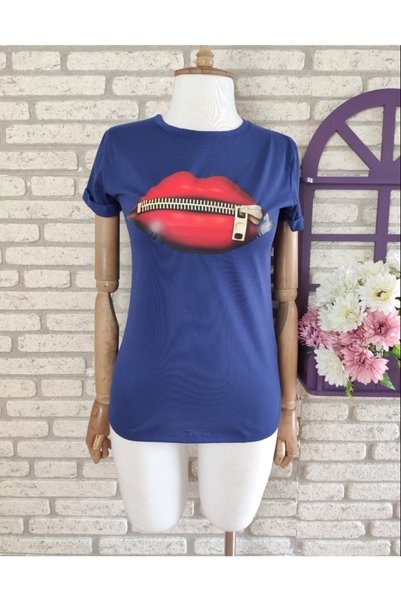 Esinty Women's Blue Lip Printed Cotton Single Jersey Fabric T-Shirt 65cm