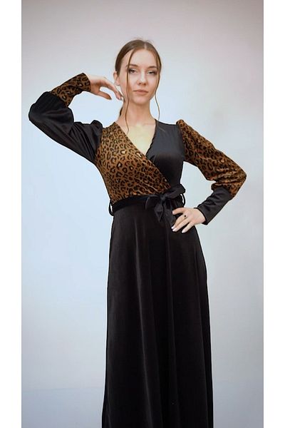 merlavin Rochie maxi cu curea din țesătură din catifea importată cu leopard, leopard
