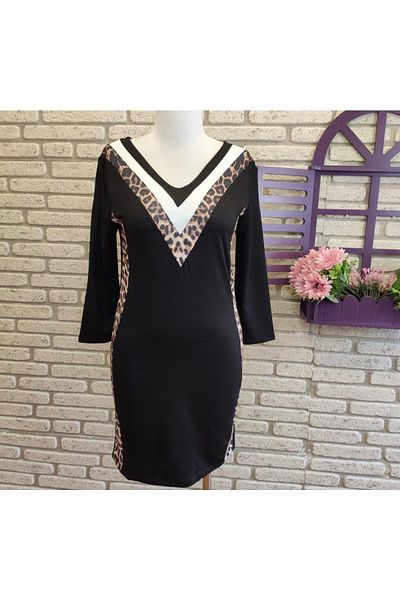 merlavin Rochie de damă, cu garnitură leopard, cu decolteu în V, din viscoză, cu două fire