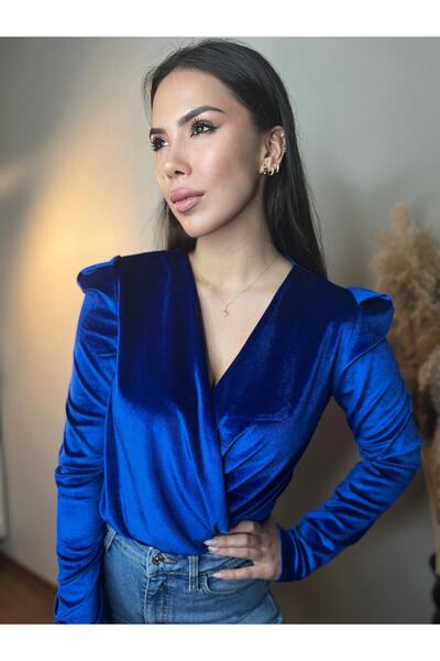 Buklemoda μπλε κοβαλτίου Βελούδινο ύφασμα διπλό πέτο Ολόσωμο φορμάκι με κουμπωτά στο κάτω μέρος