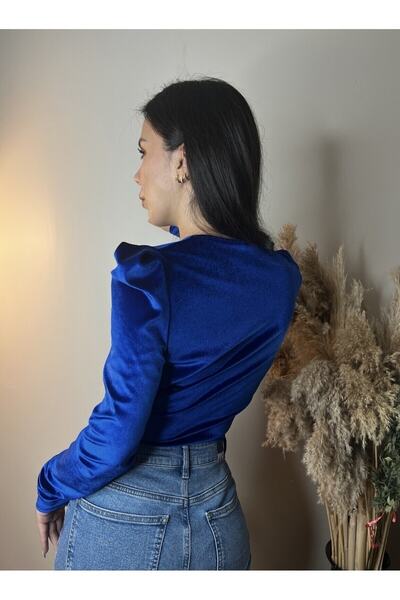 Buklemoda μπλε κοβαλτίου Βελούδινο ύφασμα διπλό πέτο Ολόσωμο φορμάκι με κουμπωτά στο κάτω μέρος