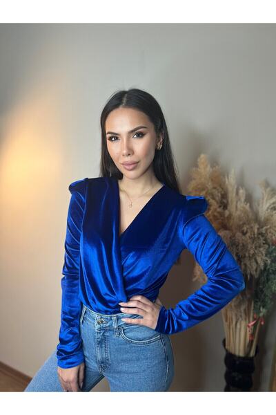 Buklemoda μπλε κοβαλτίου Βελούδινο ύφασμα διπλό πέτο Ολόσωμο φορμάκι με κουμπωτά στο κάτω μέρος