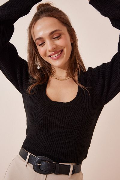 Happiness İstanbul Women's Black U-Neck Soft Textured Knitwear Sweatshirt US00872
