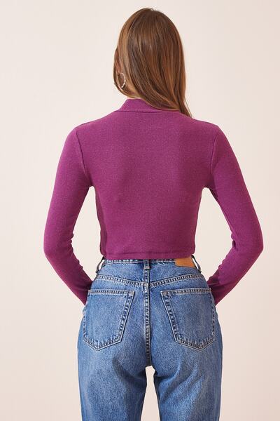 Happiness İstanbul Bluză tricotată cu șnur de culoare prune deschisă pentru femei GT00059