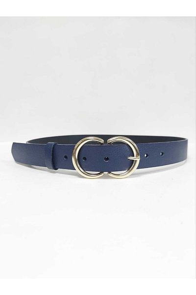 Kemerix 100% Genuine Leather Women's Navy Blue Belt with Gold Buckle