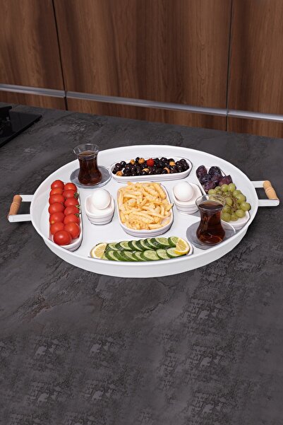 Mim Life 51 cm White Metal Tray with Wooden Handle