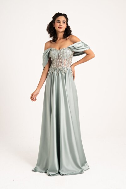 Lenta Moda Su Yeşili Işlemeli Dantel Detaylı Parlak Saten Abiye Ve Gece Elbisesi