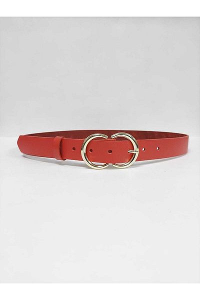 Kemerix 100% Genuine Leather Women's Red Belt with Gold Buckle