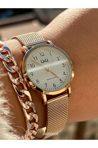 Q&Q Brand Steel Mesh Strap, Waterproof, Rose Color Women's Wristwatch + bracelet