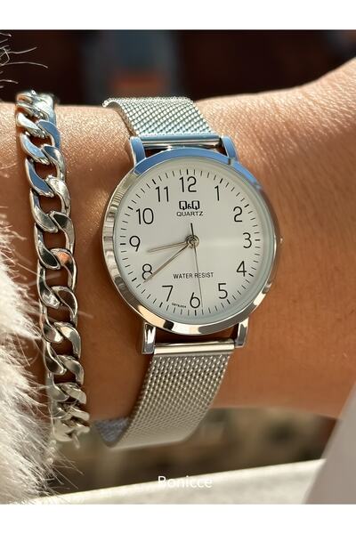 Q&Q Steel Mesh Cord Waterproof Silver Color Women's Wristwatch + Bracelet
