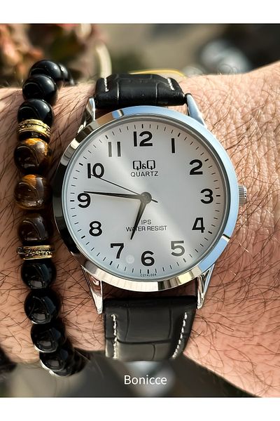 Q&Q Black Leather Strap Waterproof, 2 Year Warranty, Numeral Dial Men's Wristwatch