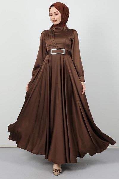 Giza Giyim Μπροστινό Πλισέ Hijab Βραδινό Φόρεμα Καφέ