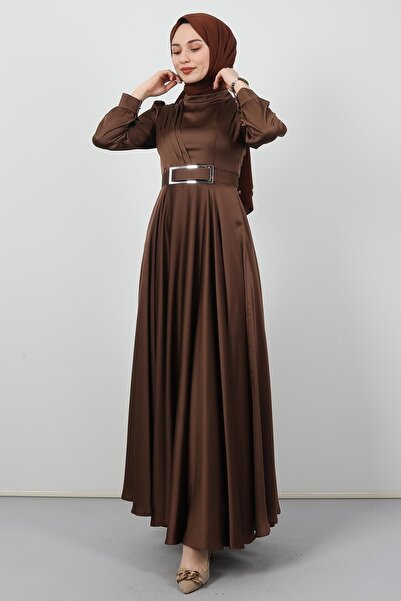Giza Giyim Μπροστινό Πλισέ Hijab Βραδινό Φόρεμα Καφέ