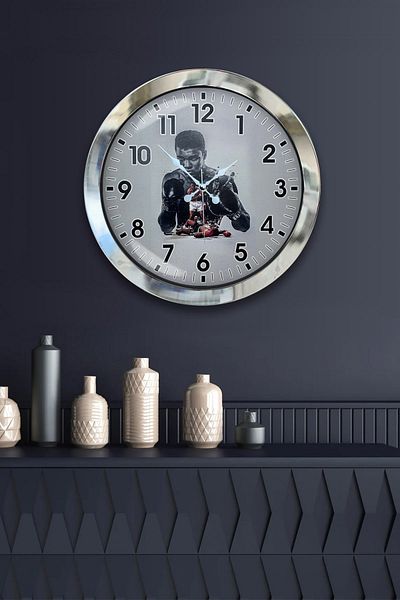 Kasva Concept Gift 36 cm Chrome Metal Muhammad Ali Wall Clock