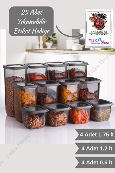Tuka Home 12'li Set Etiketli, Kırılmaz Kare Erzak Saklama Kabı Antrasit 4x 1....