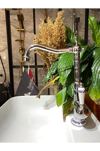 İSAOĞLU YAPI Rustic Kitchen Faucet Embroidered Country Sink Tap Silver Color Premium Design