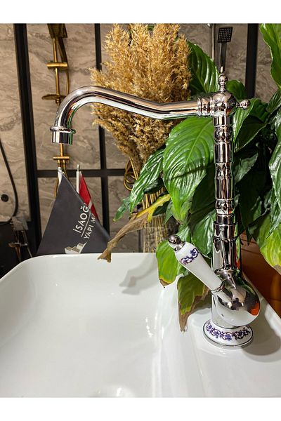 İSAOĞLU YAPI Rustic Kitchen Faucet Embroidered Country Sink Tap Silver Color Premium Design