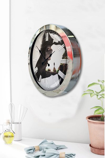 Kasva Concept Gift 36 cm Chrome Metal Horse Wall Clock